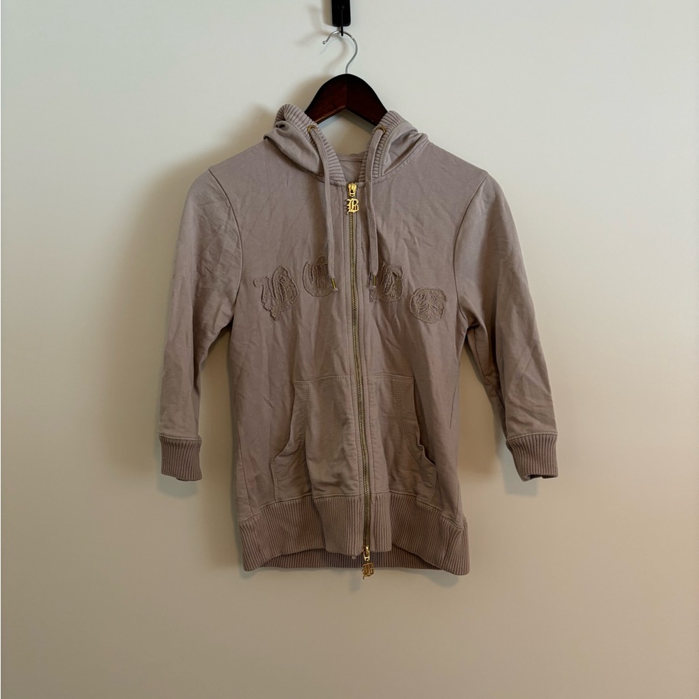 Light Brown / Cream / Tan Zip Up Hoodie with 3/4 sleeves.